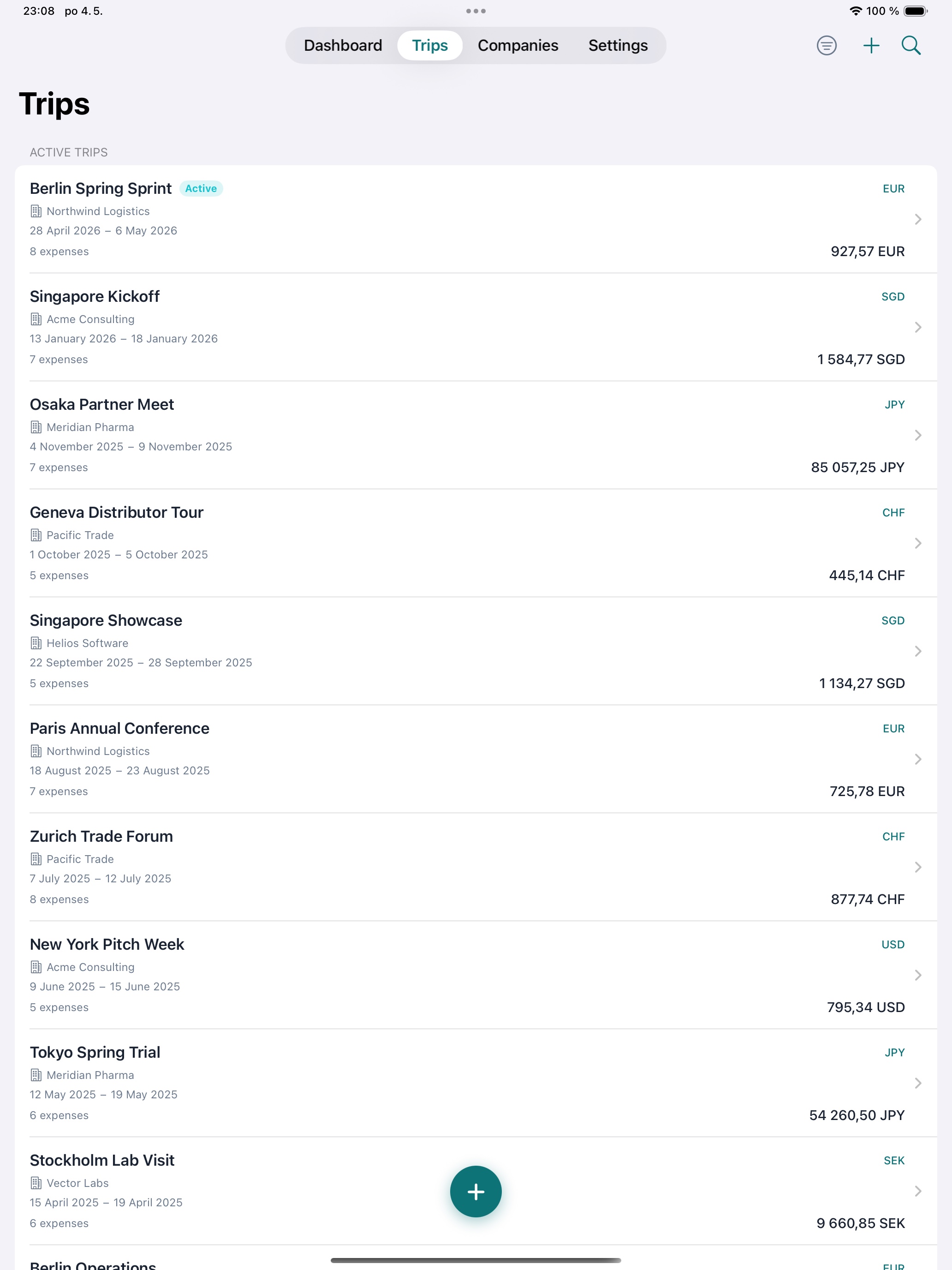 Trip list on iPad